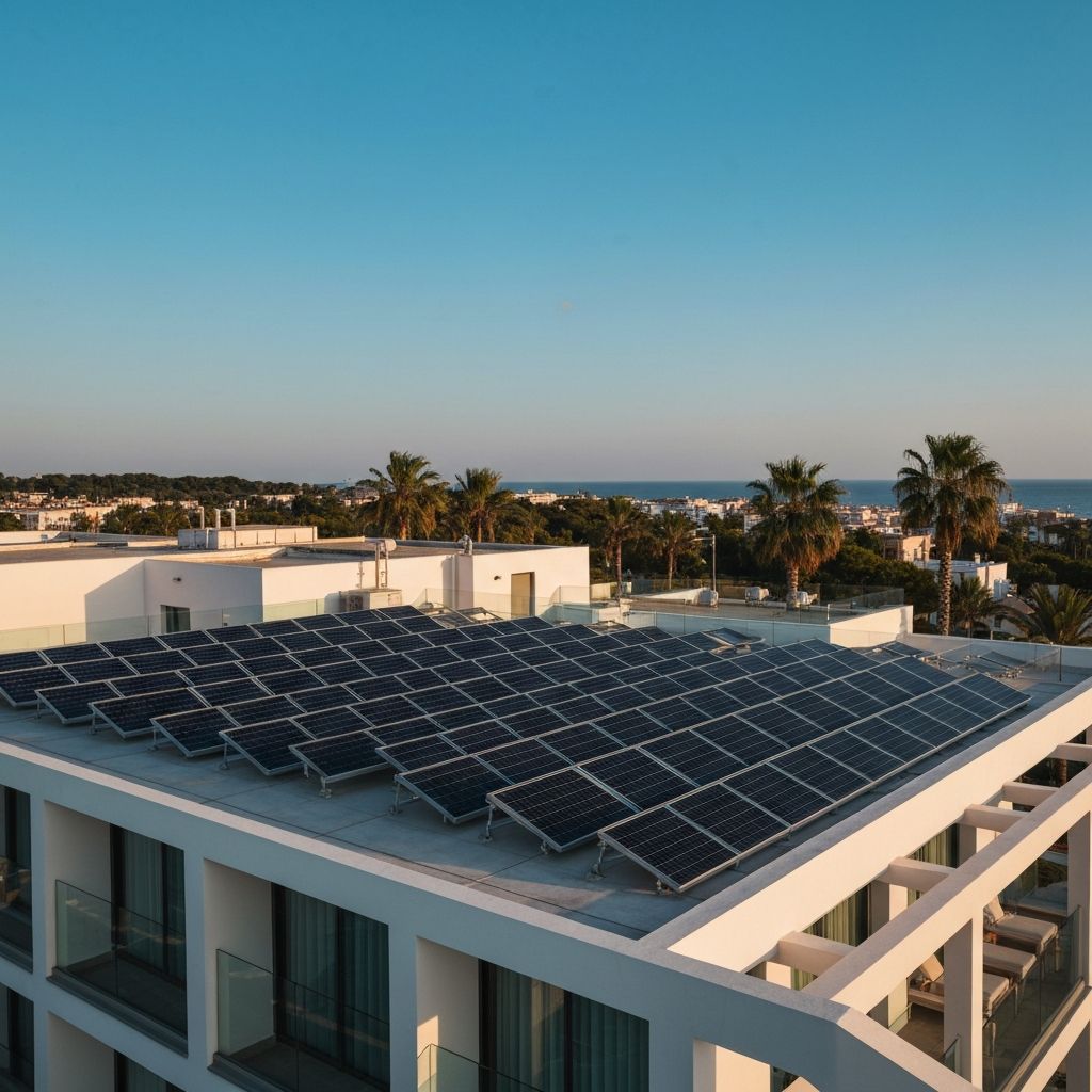 Solar panels on a modern hotel rooftop in Mediterranean setting