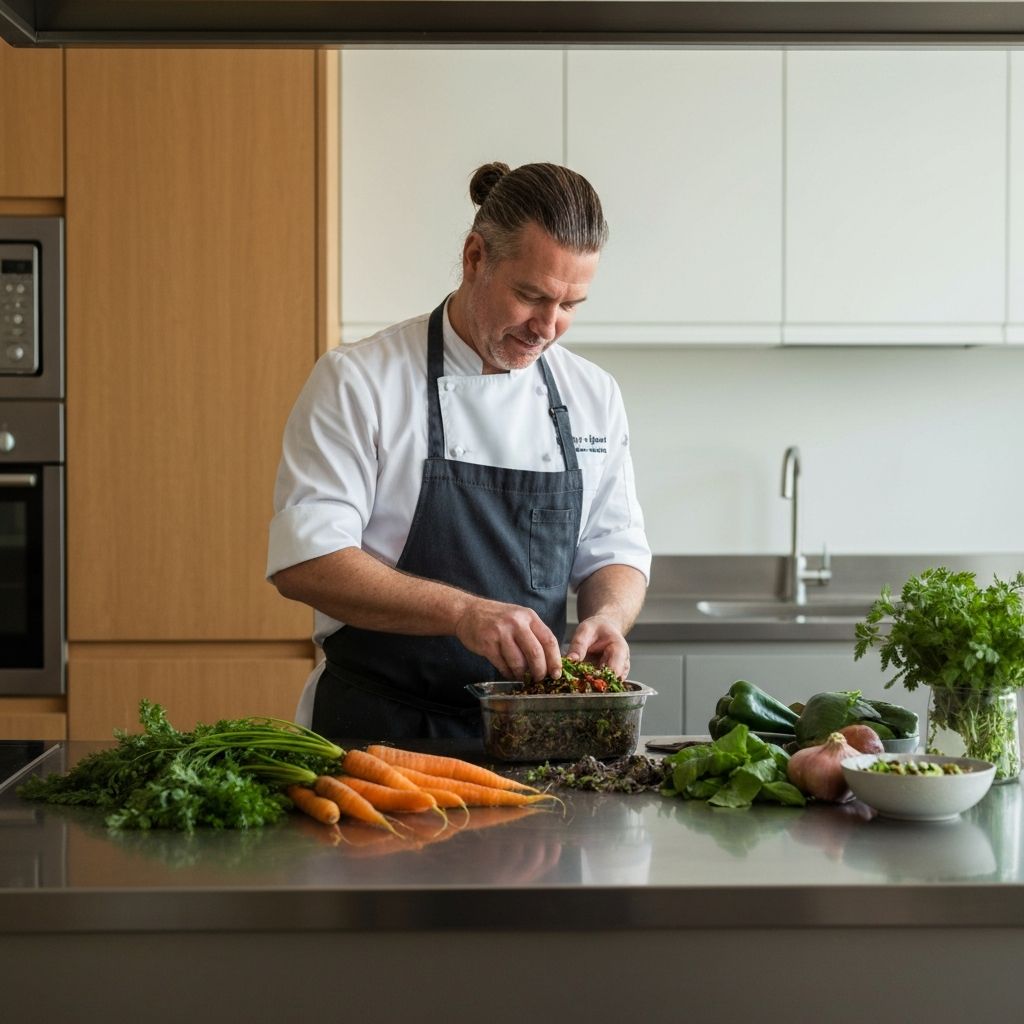 Hotel chef implementing sustainable food practices in kitchen